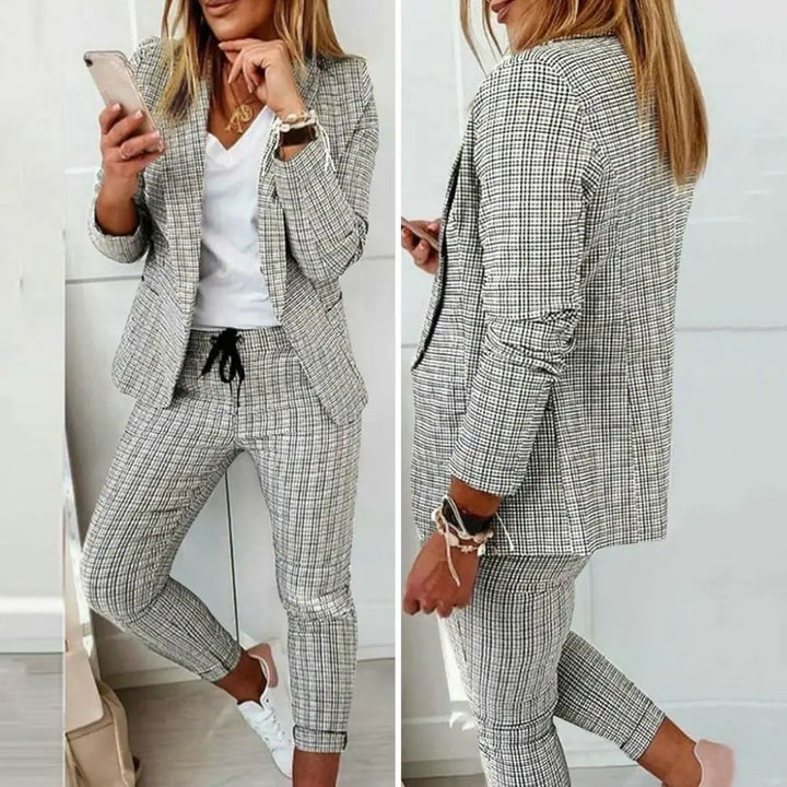 2 Pcs Stylish Women's Coat Pants Set Lapel Solid Color Suit with Drawstring Waist Slim Fit Formal Business Blazer Trousers Suit