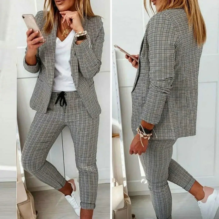 2 Pcs Stylish Women's Coat Pants Set Lapel Solid Color Suit with Drawstring Waist Slim Fit Formal Business Blazer Trousers Suit