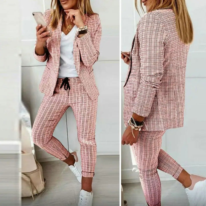 2 Pcs Stylish Women's Coat Pants Set Lapel Solid Color Suit with Drawstring Waist Slim Fit Formal Business Blazer Trousers Suit