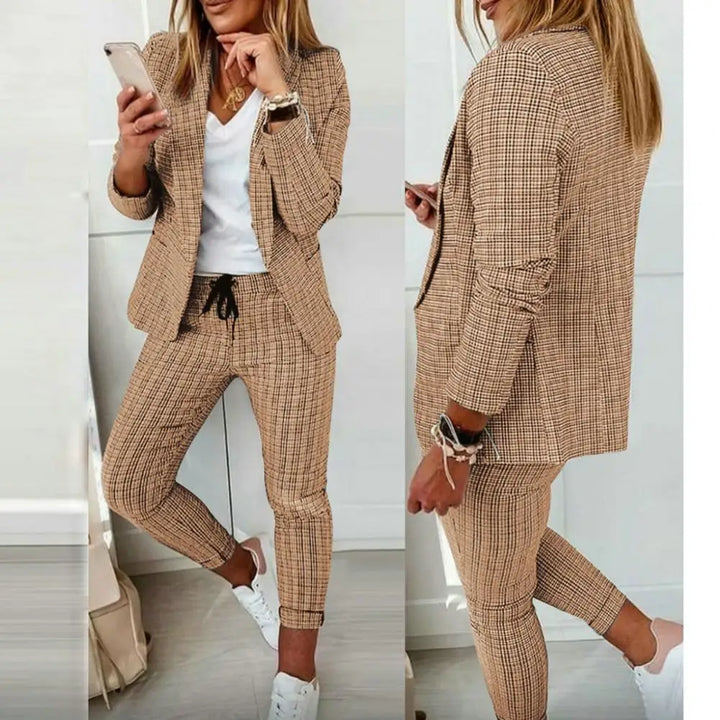 2 Pcs Stylish Women's Coat Pants Set Lapel Solid Color Suit with Drawstring Waist Slim Fit Formal Business Blazer Trousers Suit